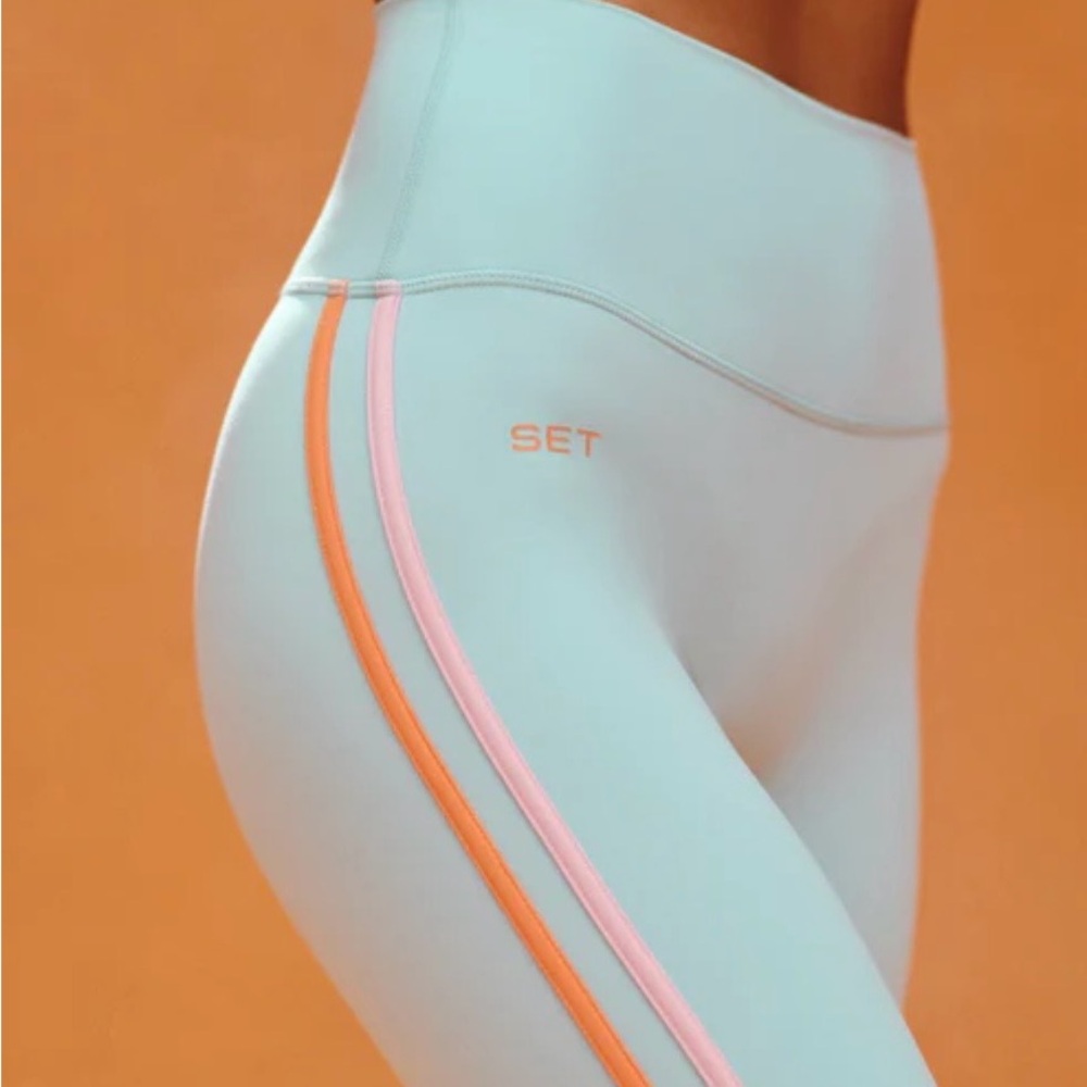 High-Waist Mint Leggings with Pink & Orange Stripe - SET Active